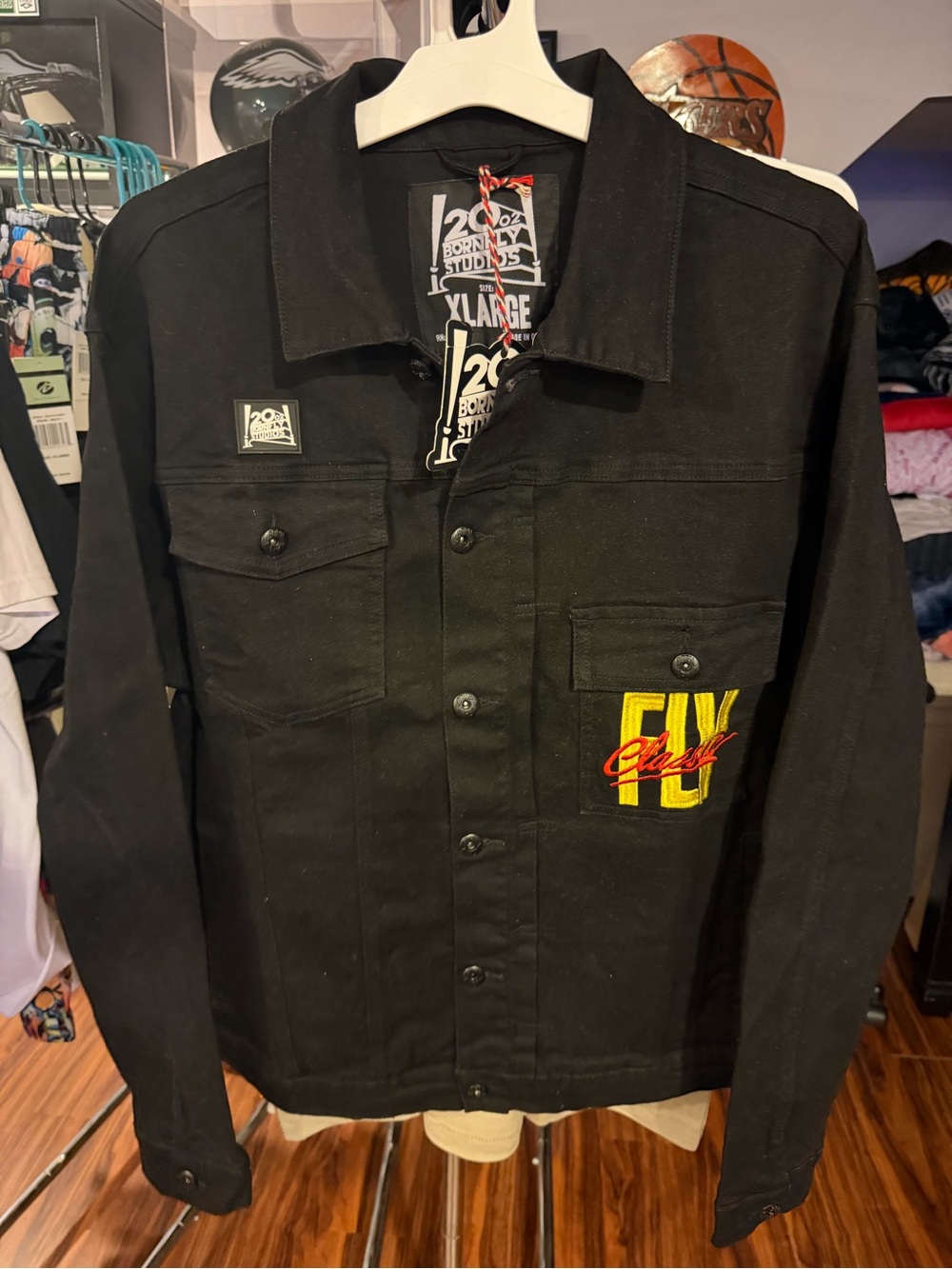 Black Denim Jacket with Bold Yellow 'FLY' Logo